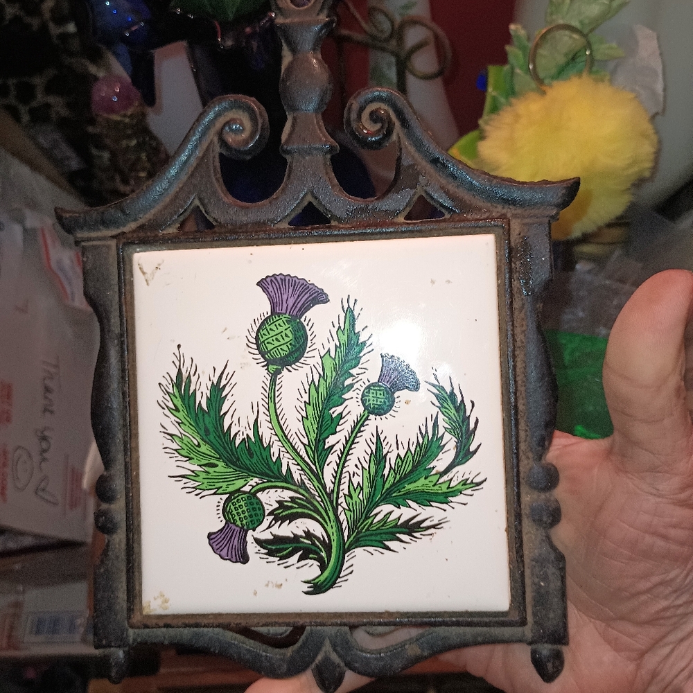 True vintage Decorative Tile with Floral Design for hot plate Rare Coloring
